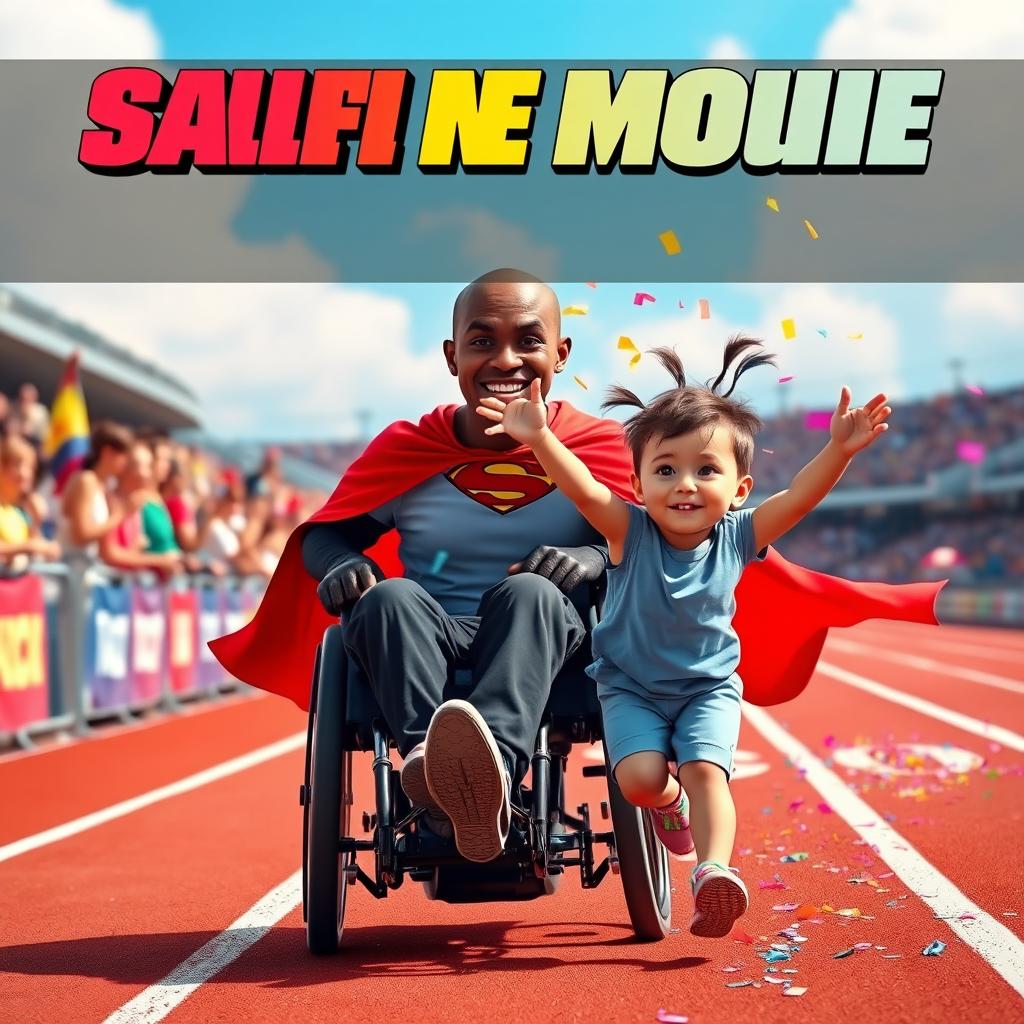 A colorful movie poster showcasing a superhero character, a Black man in a superhero cape who is bald and in a wheelchair, competing against a child with three strands of hair that has Down syndrome and identifies as LGBTQ+