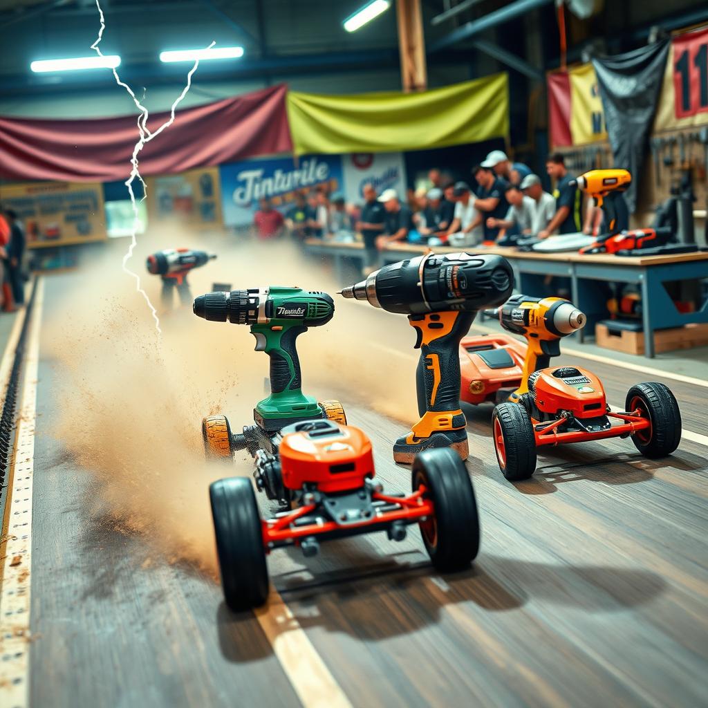 An exciting and dynamic scene of power tools drag racing on a makeshift track