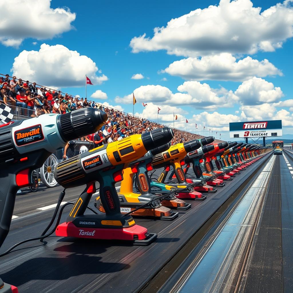 A thrilling scene of a power tools drag race, where various colorful power tools, like drills, saws, and sanders, are lined up on a sleek drag strip, revving up their engines