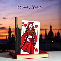 A visually striking book cover featuring the Queen of Hearts playing card prominently displayed in the center, showcasing her vibrant red and black attire with the iconic hearts symbol