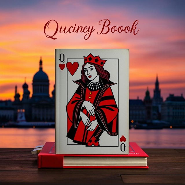 A visually striking book cover featuring the Queen of Hearts playing card prominently displayed in the center, showcasing her vibrant red and black attire with the iconic hearts symbol