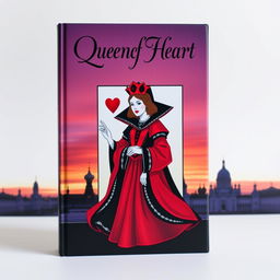 A visually striking book cover featuring the Queen of Hearts playing card prominently displayed in the center, showcasing her vibrant red and black attire with the iconic hearts symbol