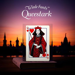 A visually striking book cover featuring the Queen of Hearts playing card prominently displayed in the center, showcasing her vibrant red and black attire with the iconic hearts symbol