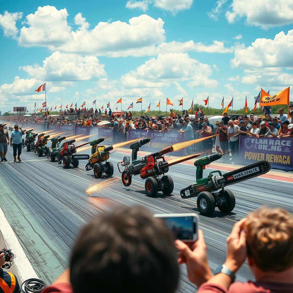 A thrilling scene of a power tools drag race taking place on a vibrant outdoor racetrack
