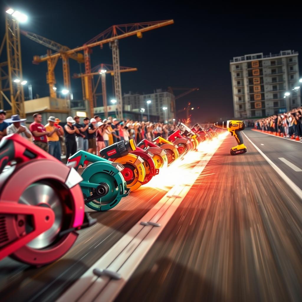 An exciting scene of power tools participating in an intense drag race, featuring colorful circular saws, drills, and nail guns lined up at a starting line