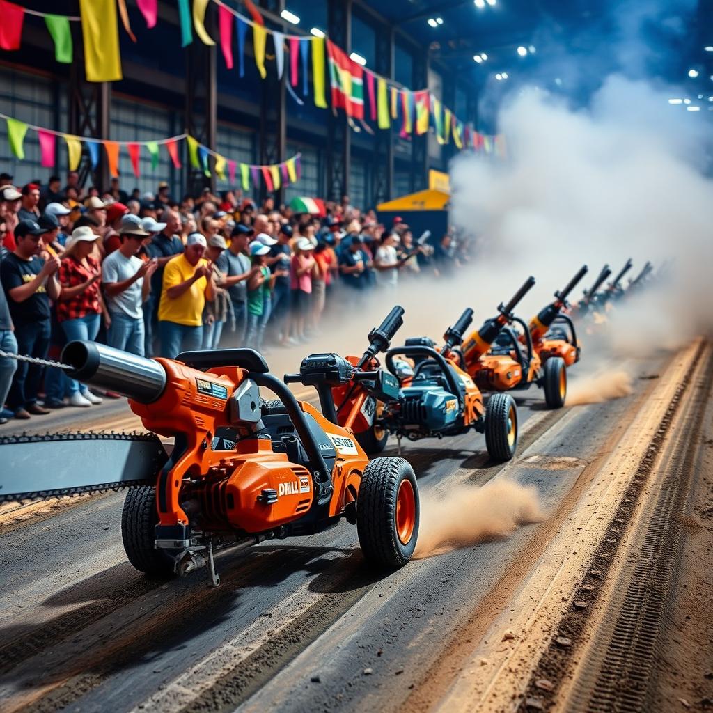 A thrilling scene of a power tools drag race in a colorful industrial setting