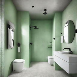 A contemporary bathroom featuring three grey terrazzo walls, one white glossy brick wall, black shower fixtures, tap, and a pistachio green ceiling.