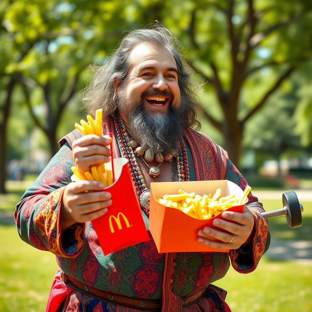 A large, cheerful gypsy man enjoying a box of McDonald's food while engaging in an exercise routine, performing 5 sets of 30 repetitions