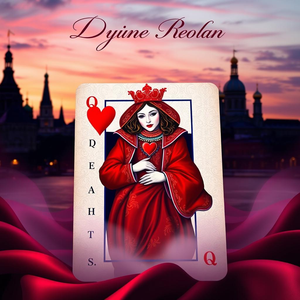 An artistic book cover featuring the iconic Queen of Hearts playing card prominently in the foreground, showcasing her vibrant red gown adorned with ornate patterns and a crown, with the heart symbol elegantly embellishing her appearance