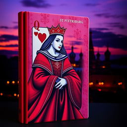 An artistic book cover featuring the iconic Queen of Hearts playing card prominently in the foreground, showcasing her vibrant red gown adorned with ornate patterns and a crown, with the heart symbol elegantly embellishing her appearance