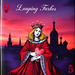 An artistic book cover featuring the iconic Queen of Hearts playing card prominently in the foreground, showcasing her vibrant red gown adorned with ornate patterns and a crown, with the heart symbol elegantly embellishing her appearance