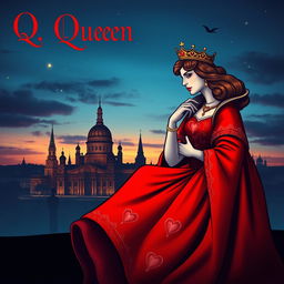 An enchanting book cover design featuring the Queen of Hearts playing card as the central element, vividly illustrating her in a striking red gown with beautiful heart motifs and a delicate crown