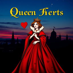 An enchanting book cover design featuring the Queen of Hearts playing card as the central element, vividly illustrating her in a striking red gown with beautiful heart motifs and a delicate crown