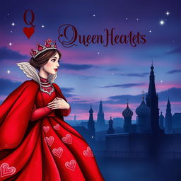 An enchanting book cover design featuring the Queen of Hearts playing card as the central element, vividly illustrating her in a striking red gown with beautiful heart motifs and a delicate crown