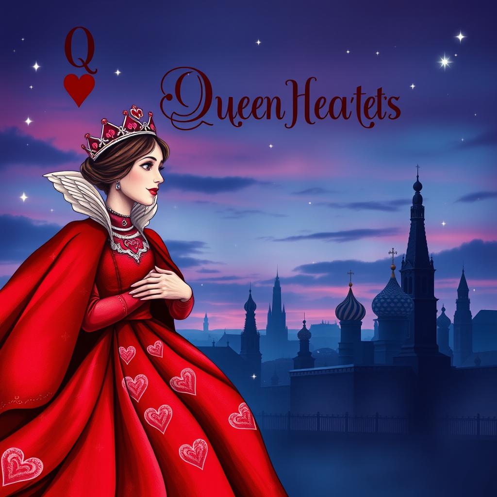 An enchanting book cover design featuring the Queen of Hearts playing card as the central element, vividly illustrating her in a striking red gown with beautiful heart motifs and a delicate crown