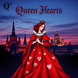 An enchanting book cover design featuring the Queen of Hearts playing card as the central element, vividly illustrating her in a striking red gown with beautiful heart motifs and a delicate crown