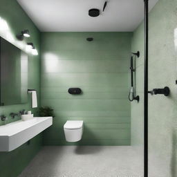 A stylish bathroom with three grey terrazzo walls, one white glossy brick wall, black shower and tap. Additionally, it features a ceiling in pistachio green.