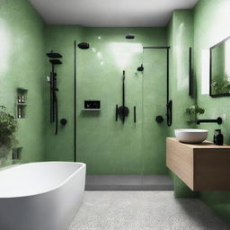 A stylish bathroom with three grey terrazzo walls, one white glossy brick wall, black shower and tap. Additionally, it features a ceiling in pistachio green.