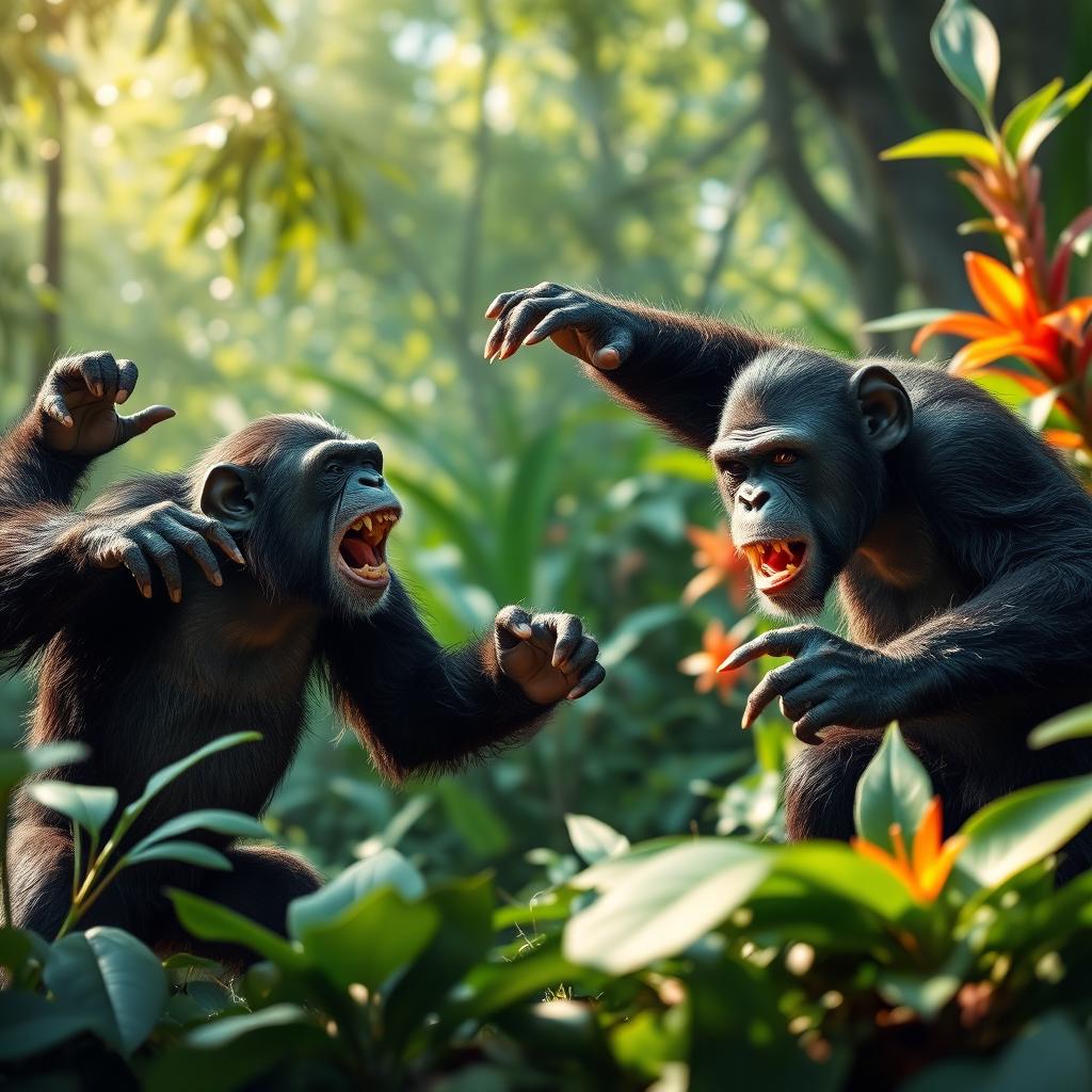 A dynamic scene depicting two chimpanzees engaging in playful combat in a lush jungle environment