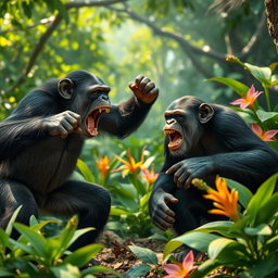 A dynamic scene depicting two chimpanzees engaging in playful combat in a lush jungle environment