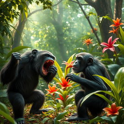 A dynamic scene depicting two chimpanzees engaging in playful combat in a lush jungle environment