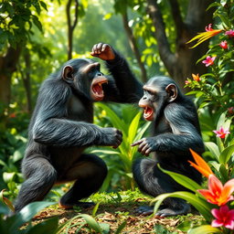 A dynamic scene depicting two chimpanzees engaging in playful combat in a lush jungle environment