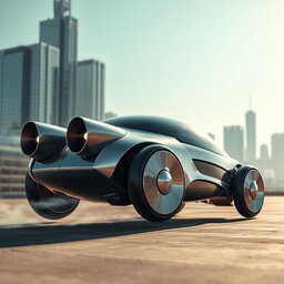 An innovative concept vehicle featuring a futuristic design without traditional wheels, powered by jet engines
