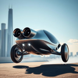 An innovative concept vehicle featuring a futuristic design without traditional wheels, powered by jet engines