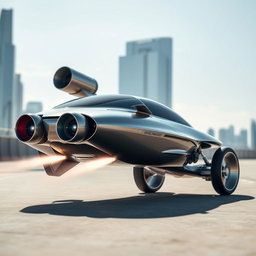 An innovative concept vehicle featuring a futuristic design without traditional wheels, powered by jet engines