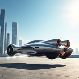 An innovative concept vehicle featuring a futuristic design without traditional wheels, powered by jet engines