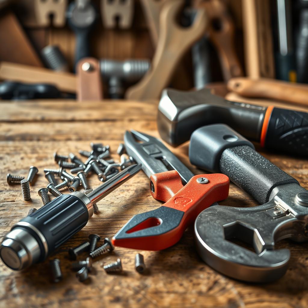 A beautifully arranged still life featuring essential tools on a wooden surface