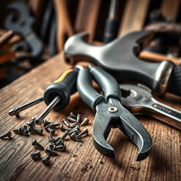 A beautifully arranged still life featuring essential tools on a wooden surface