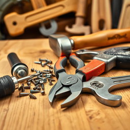 A beautifully arranged still life featuring essential tools on a wooden surface
