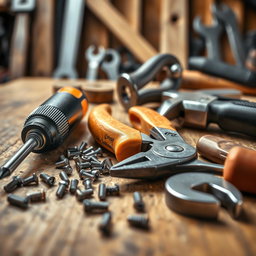 A beautifully arranged still life featuring essential tools on a wooden surface
