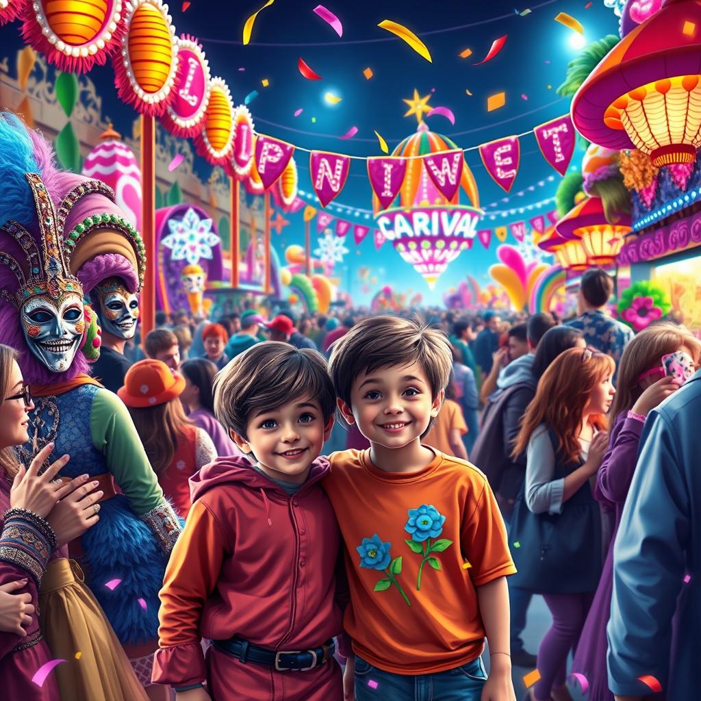 A vibrant digital artwork of a colorful carnival scene featuring a bustling crowd of revelers wearing elaborate costumes and masks, set against a backdrop of bright lights and festive decorations
