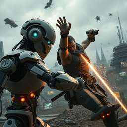 A dramatic sci-fi scene depicting an intense battle between artificial intelligence and human intelligence