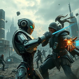 A dramatic sci-fi scene depicting an intense battle between artificial intelligence and human intelligence