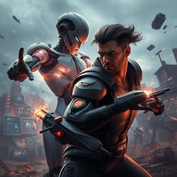 A dramatic sci-fi scene depicting an intense battle between artificial intelligence and human intelligence