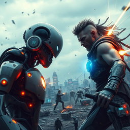 A dramatic sci-fi scene depicting an intense battle between artificial intelligence and human intelligence