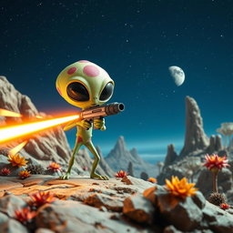 An imaginative scene featuring a striking alien character with large black eyes and a quirky, colorful appearance, actively shooting a bright laser beam from a futuristic gun
