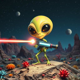 An imaginative scene featuring a striking alien character with large black eyes and a quirky, colorful appearance, actively shooting a bright laser beam from a futuristic gun