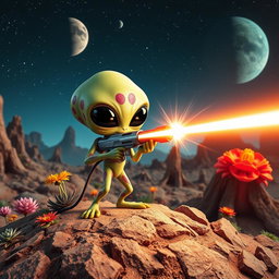 An imaginative scene featuring a striking alien character with large black eyes and a quirky, colorful appearance, actively shooting a bright laser beam from a futuristic gun