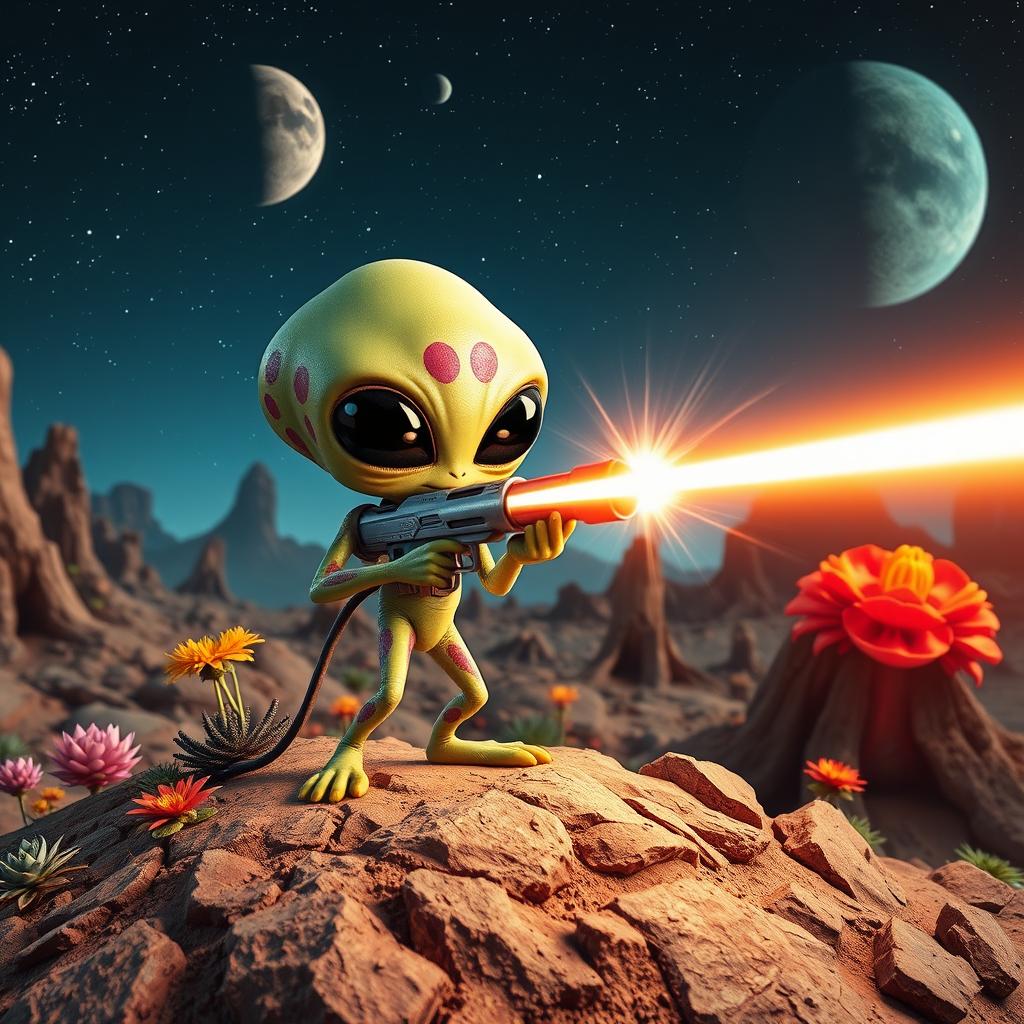 An imaginative scene featuring a striking alien character with large black eyes and a quirky, colorful appearance, actively shooting a bright laser beam from a futuristic gun