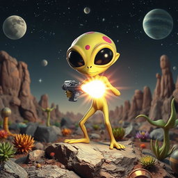 An imaginative scene featuring a striking alien character with large black eyes and a quirky, colorful appearance, actively shooting a bright laser beam from a futuristic gun