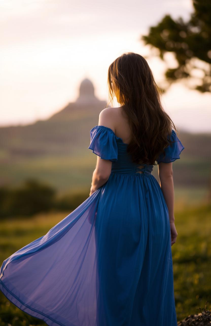 A romantic scene featuring a woman with brown hair wearing a flowing blue dress, standing with her back facing the viewer