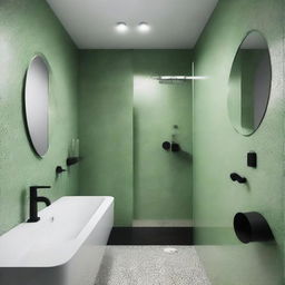 A stylish bathroom with three grey terrazzo walls, one white glossy brick wall, black shower and tap. Additionally, it features a ceiling in pistachio green.