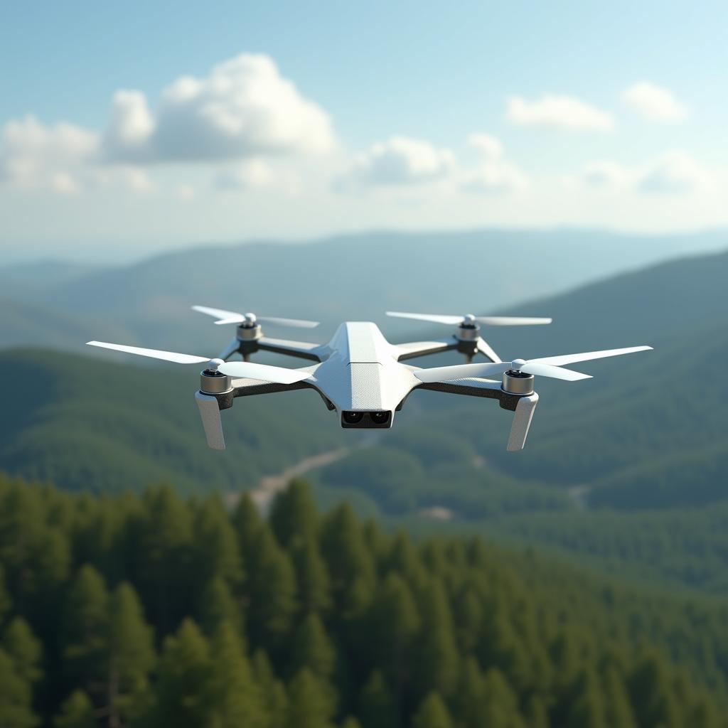 A sleek and futuristic white drone made of carbon fiber, showcasing its advanced aerodynamic design and intricate carbon fiber texture