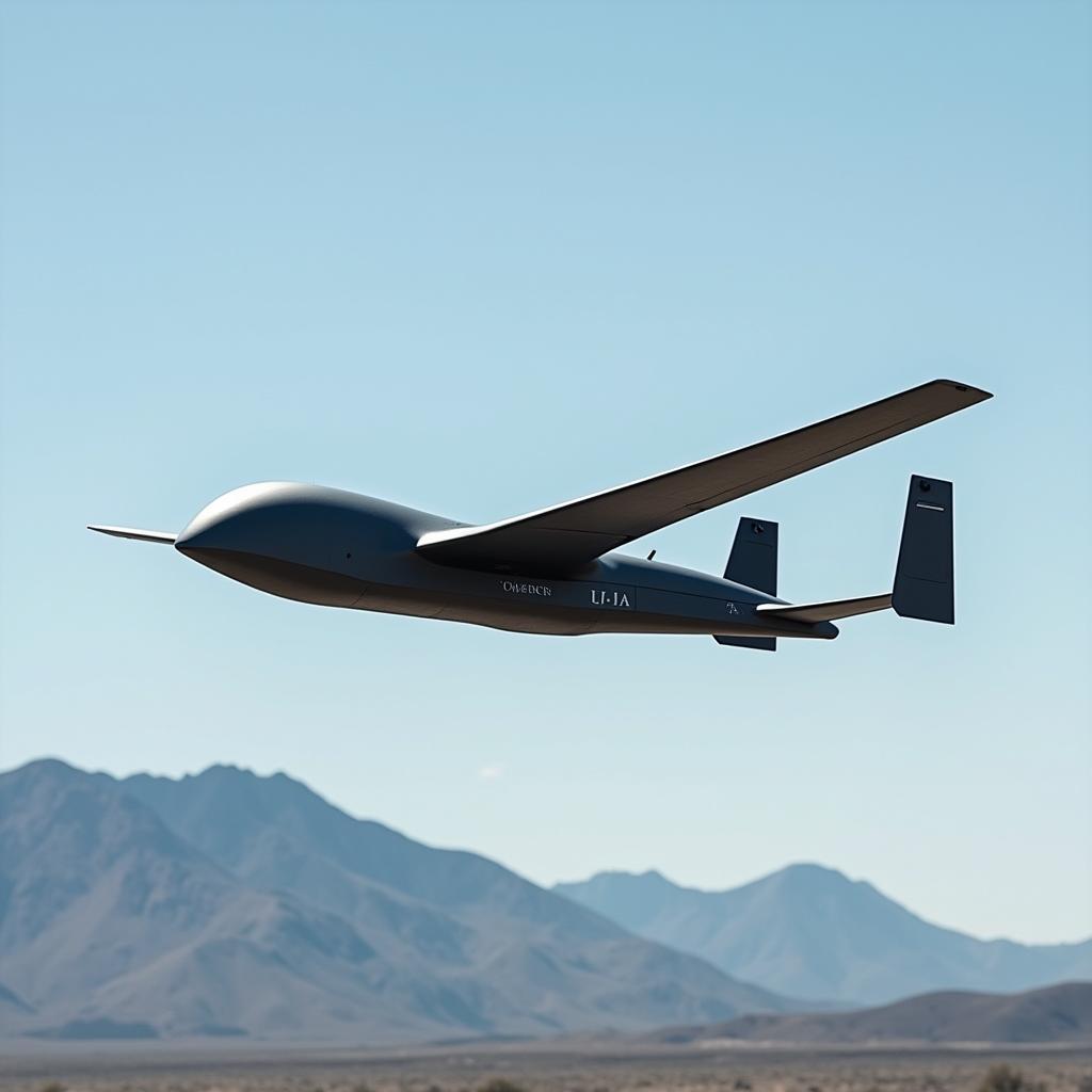 A detailed and realistic depiction of a UAV target designed for military training, showcasing a sleek and aerodynamic body made entirely of carbon fiber