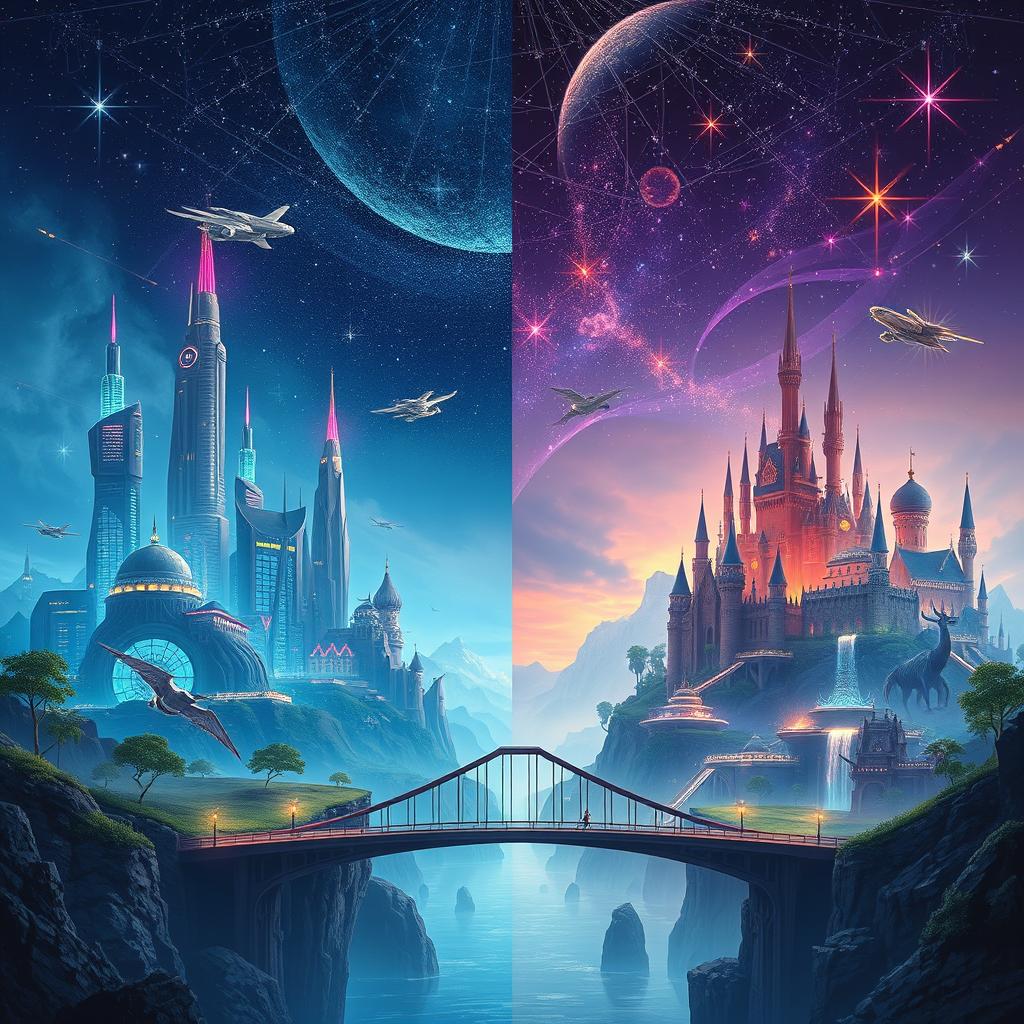 A fantastical landscape divided into two distinct kingdoms: one kingdom represents advanced technology with towering skyscrapers, flying vehicles, holographic displays, and neon lights