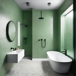 A stylish bathroom with three grey terrazzo walls, one white glossy brick wall, black shower and tap. Additionally, it features a ceiling in pistachio green.